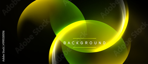 Abstract neon shapes overlap, creating vibrant yellow, green glow. Dark background emphasizes luminosity, modern design element.