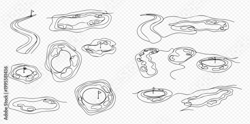 Set of golf course top view elements with green, bunker, and water hazards for sport game design.