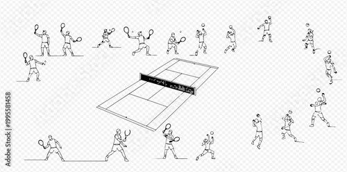 Continuous Line Drawing of Tennis Players in Various Action Poses Around a Tennis Court.