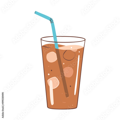 ブルーストロー付きアイスティーグラスのフラットイラスト