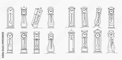Set of antique grandfather clocks in various styles, hand-drawn outline illustrations on transparent background.