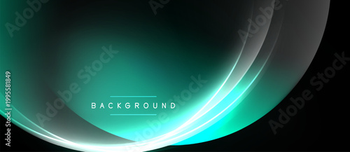 Abstract background features flowing turquoise lines, dark gradients. Modern design evokes movement, elegance. Simple, clean aesthetic.