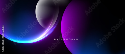 Abstract design features vibrant blue, purple gradients. Overlapping circles create dynamic visual effect. Dark background emphasizes luminosity.