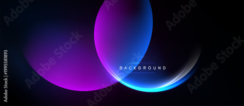 Abstract design features overlapping circles, vibrant gradients. Dark background emphasizes glowing blue, purple hues. Minimalist aesthetic.