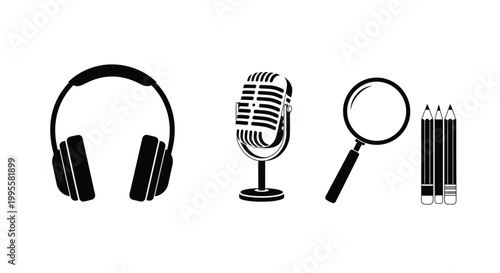 A collection of black silhouette icons representing audio investigation and creative tools high quality professional