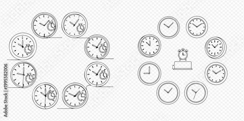 Set of outline time icons with clocks and timers.