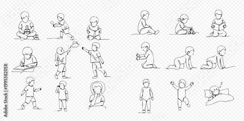 Set of continuous line drawings depicting children in various poses and activities, from infancy to early childhood, isolated on a transparent background.