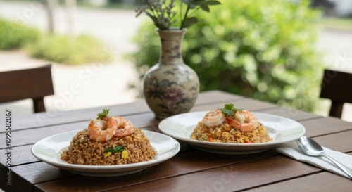 Two plates of shrimp fried rice on a wooden table with a vase