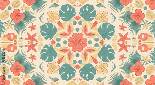 Vibrant tropical floral pattern with leaves and seashells on a beige background illustration