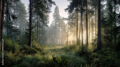 Misty Forest at Dawn with Sunlight Rays Breaking Through Pine Trees and Morning Fog, Atmospheric Nature Landscape Desktop Wallpaper Stock Image
