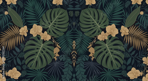 Tropical jungle pattern with large green leaves and golden flowers on dark background illustration