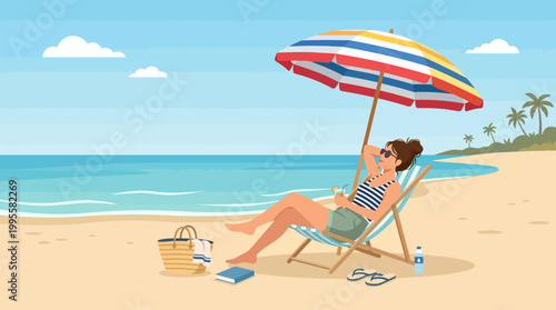Woman Relaxing on Beach Chair under Umbrella for Travel Event Vector
