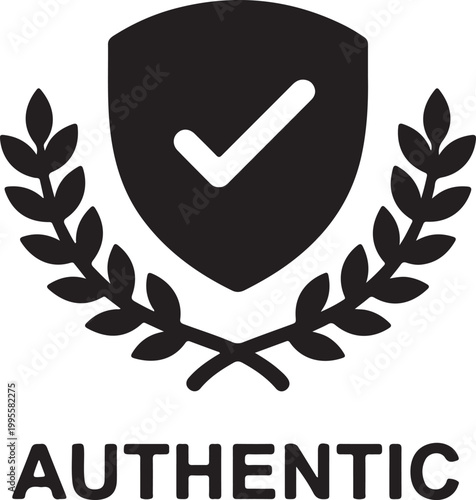 A black and white emblem featuring a shield with a checkmark, a laurel wreath, and the word AUTHENTIC, signifying trust and quality.