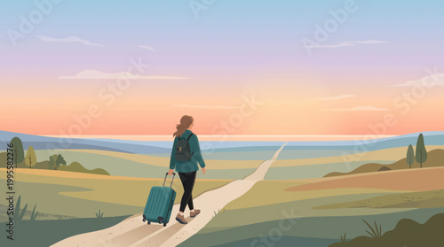 Woman Solo Traveler Walking Towards Sunset for Travel Event Vector
