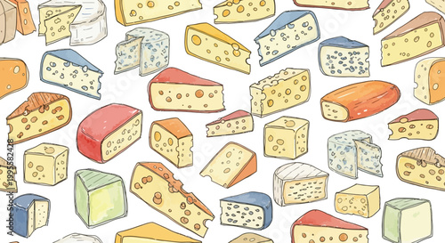A colorful patterned collection of various cheese types and wedges displayed against a white background