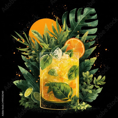 A fresh mojito cocktail with green lime and mint leaf is served in a glass with cold ice and water for a healthy beverage refreshment isolated on white