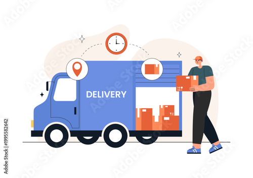 Courier or Delivery Service Illustration Featuring Parcel Shipping, Home Delivery, Tracking Mobile App, Logistics, Fast Service, Modern Flat Design