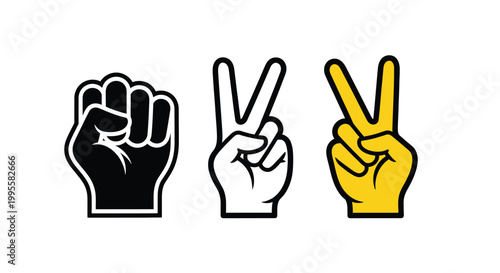 A trio of hand gestures a clenched fist a peace sign and a victory hand illustrated in distinct styles
