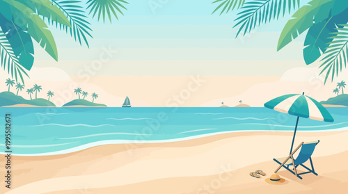 Flat Design Illustration of Tropical Summer Beach Background with Chair and Palm Leaves