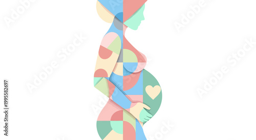 Modern geometric art depicts a pregnant woman, her silhouette filled with colorful abstract shapes, symbolizing the beauty of motherhood and the wonder of new life