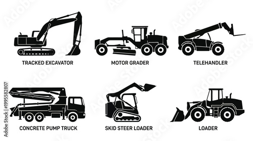 Collection of heavy construction machinery including excavator, motor grader, telehandler and loader for industrial site workflows.