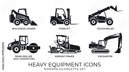 Collection of Heavy Equipment Icons in Modern Silhouette Style for Industrial Design projects and references.
