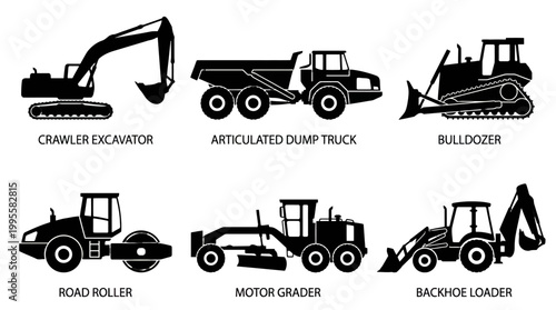 Set of heavy construction machinery silhouettes including excavator, bulldozer, loader and dump truck.