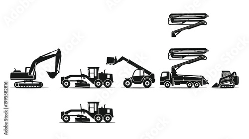 Collection of various construction and heavy machinery silhouettes in black.