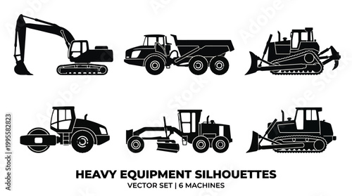 Silhouettes of Heavy Construction Machinery and Equipment for Industrial Visuals.