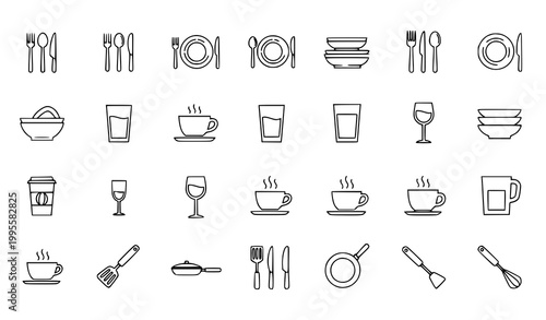 Restaurant dining utensil line icon vector set with fork knife spoon plate and tableware symbols