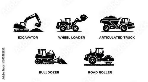 Set of construction machinery silhouettes including excavator, wheel loader, bulldozer, road roller and articulated truck.