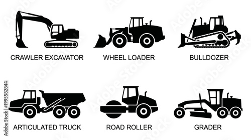 Set of heavy construction machinery icons including excavator, wheelloader, bulldozer, grader, roadroller, and truck for industrial scenes.