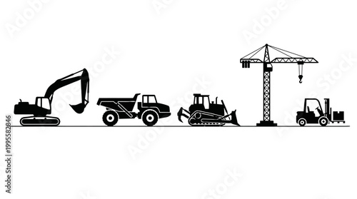 Lineup of Construction Equipment Including Excavator and Crane at Work.