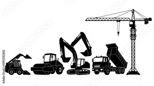 Industrial construction equipment lineup with excavator bulldozer crane loader and trucks at a worksite.