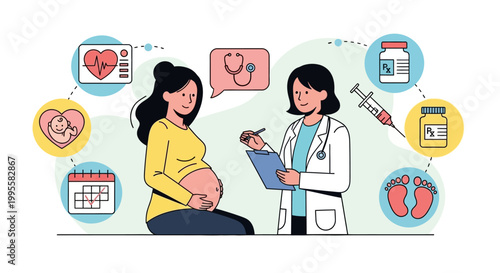 Pregnancy Consultation A Doctor Discusses Health and Well-being with an Expectant Mother, Surrounded by Medical Icons