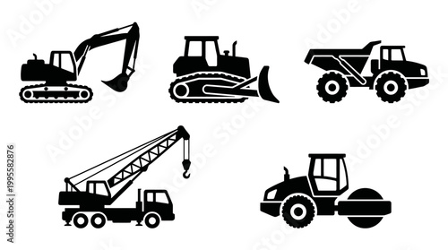 Silhouettes of heavy construction machinery including excavator, bulldozer, crane, and dump trucks at a worksite.