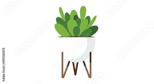A vibrant green succulent plant is potted in a minimalist white container with wooden legs
