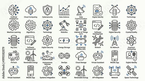 Artificial intelligence and modern future technology outline icon set
