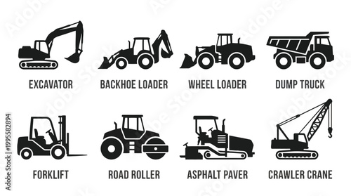 Set of construction equipment icons featuring excavator, backhoe, loader, wheelloader, dumptruck, forklift, roadroller, asphaltpaver and crane imagery.
