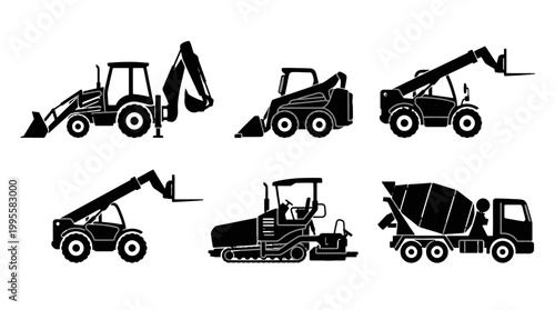 Set of construction machinery icons featuring excavators, loaders, bulldozers and trucks in a bold illustrative style.