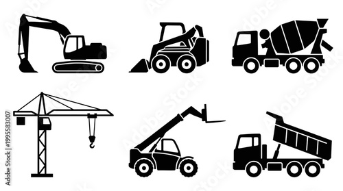 Set of construction machinery icons featuring excavator, bulldozer, crane, loader, mixer and dump truck silhouettes.