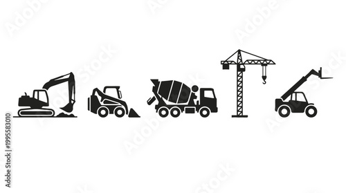 Silhouette lineup of construction machinery including excavator, bulldozer, dump truck and cranes at a worksite.