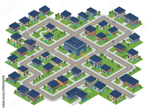 Illustration of a modern suburban neighborhood with houses, roads, and a central building, showcasing urban planning and residential development