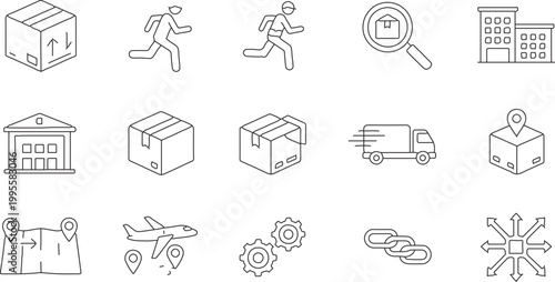 Logistics and supply chain icon set, 15 delivery service line icons, shipping and distribution symbols, global transportation and warehouse vector collection