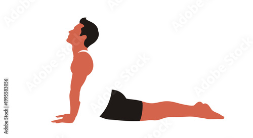 A digital illustration depicts a man performing the cobra pose in a yoga practice session