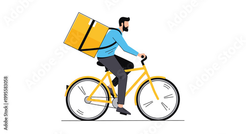 A delivery person with a beard rides a yellow bicycle carrying a large cardboard box on their back