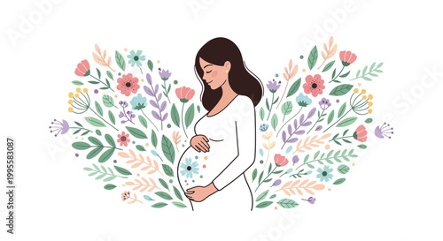 Beautiful pregnant woman holding her belly with a floral decoration behind her, celebrating new life and motherhood