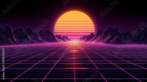 Abstract Synthwave Retro-Futuristic Neon Grid Topography Landscape with Pink Purple Perspective Lines and Sunburst on Dark Sky, Retrowave Technology Wallpaper Stock Image