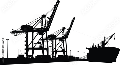 Black silhouette of industrial cargo port with large cranes loading container ship for global maritime trade and international shipping logistics