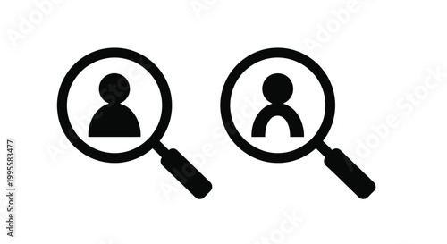 Two magnifying glasses focus on silhouetted human figures representing search investigation or identification high quality